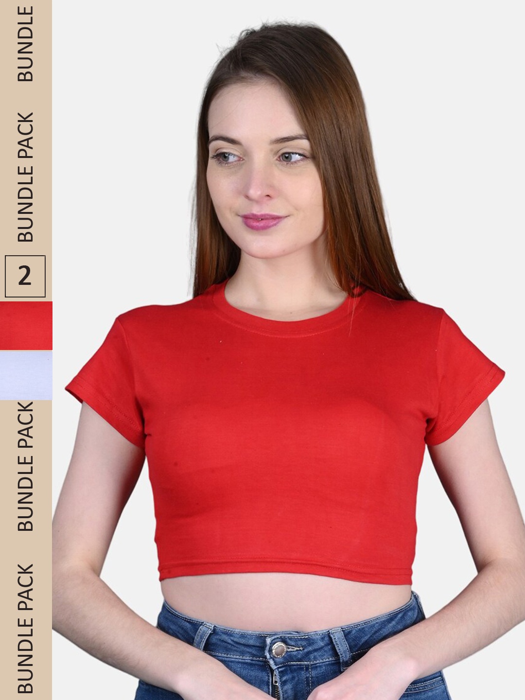 

FRENCH KLEIDER Pack Of 2 Cotton Round Neck Crop Top, Red
