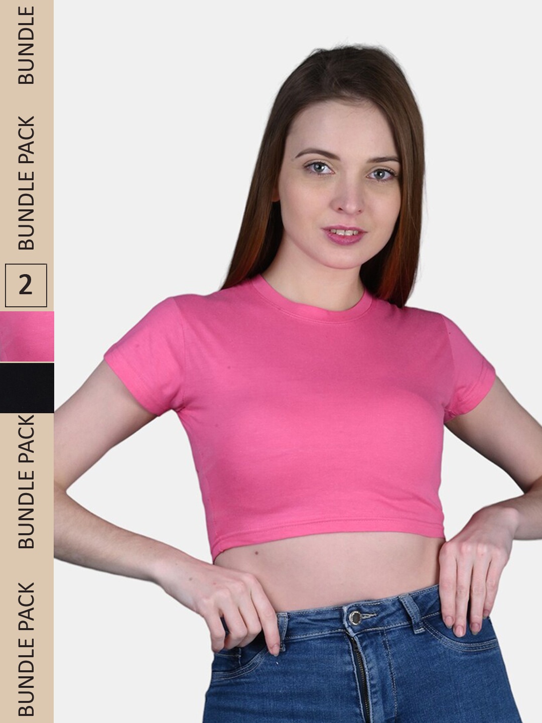 

FRENCH KLEIDER Pack Of 2 Round neck Cap Sleeve Fitted Cotton Crop Top, Pink