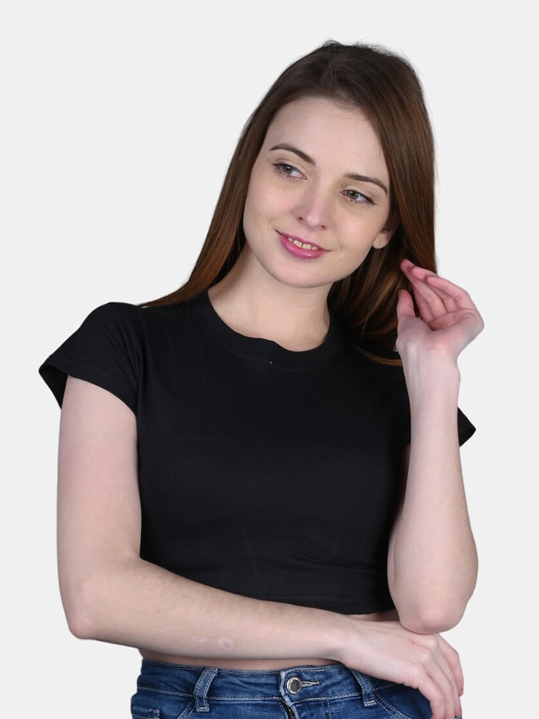 

FRENCH KLEIDER Round neck Cap Sleeve Fitted Cotton Crop Top, Black