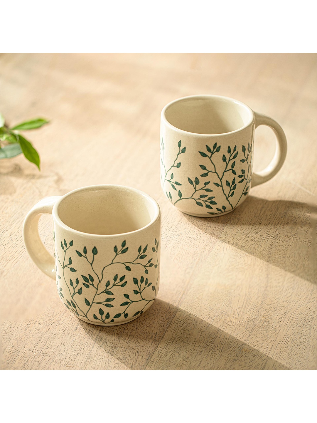

ellementry Off White & Green Printed Ceramic Glossy Mugs Set of Cups and Mugs