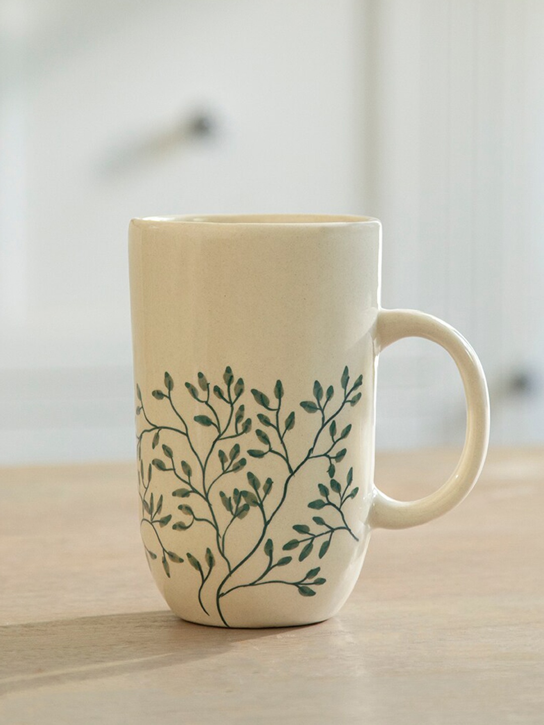 

ellementry Livada Off White & Green Printed Ceramic Glossy Tall Mug 500 ml