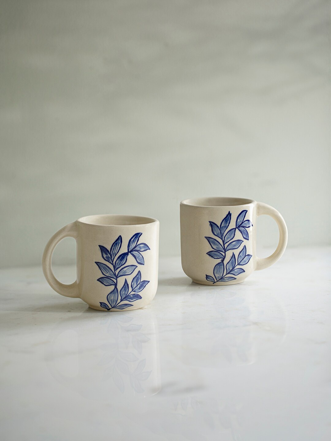 

ellementry Livada Off White & Blue 2 Pcs Printed Ceramic Matte Mugs 200 ml Each