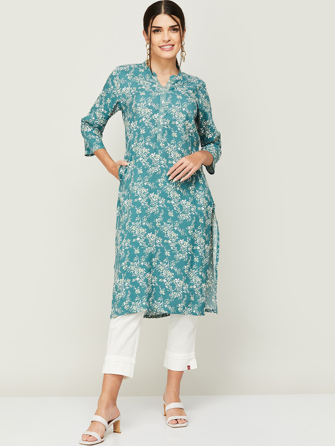 

Melange by Lifestyle Mandarin Collar Floral Printed Kurta, Blue