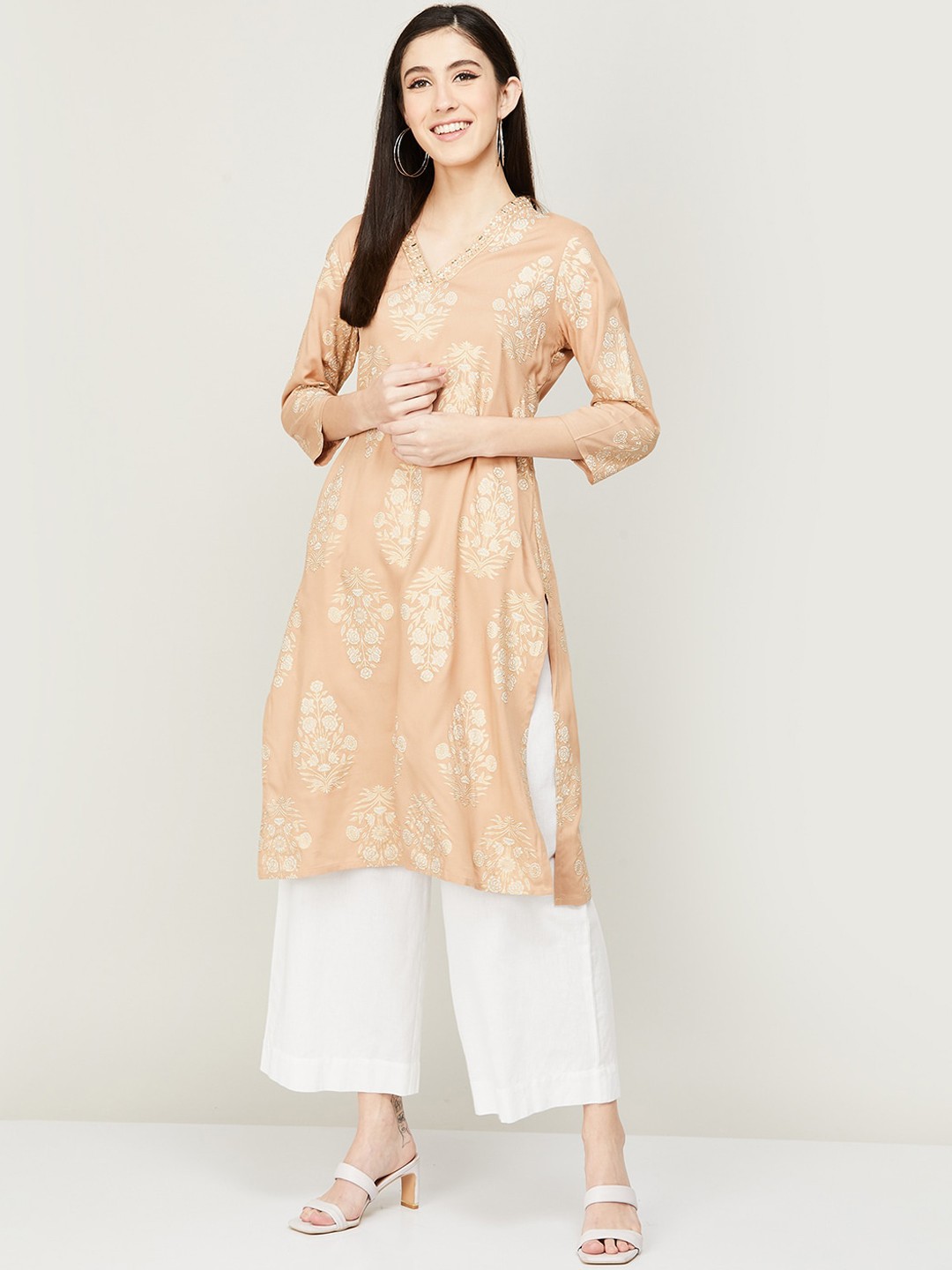 

Melange by Lifestyle Ethnic Motifs Printed Mirror Work Kurta, Beige