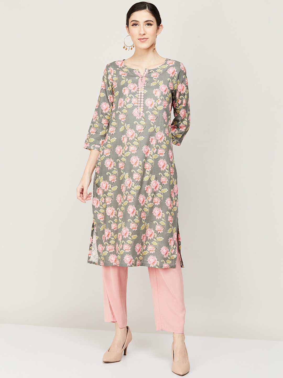 

Melange by Lifestyle Floral Printed Notch Neck Straight Kurta, Grey