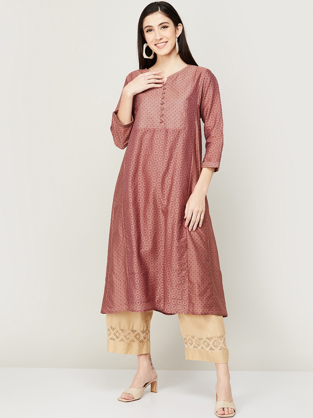 

Melange by Lifestyle Printed Thread Work A-Line Cotton Kurta, Pink