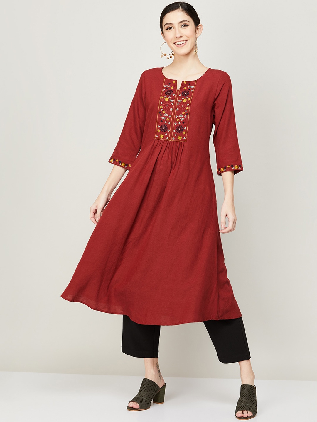 

Melange by Lifestyle Yoke Design Thread Work A-Line Kurta, Red