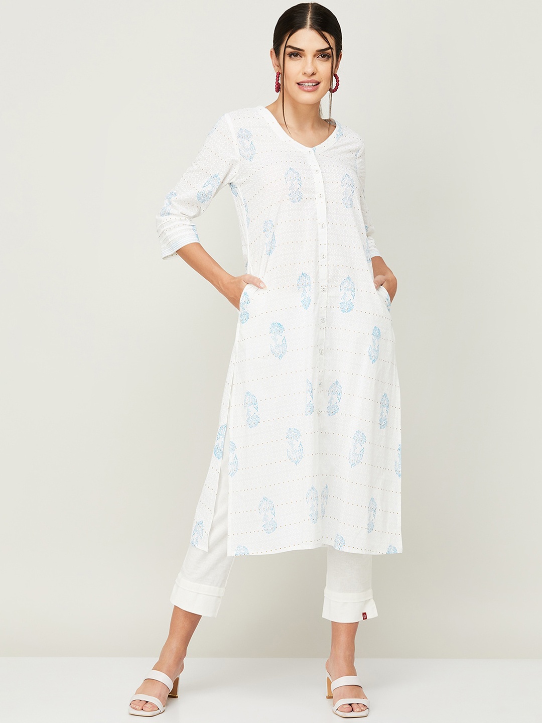 

Melange by Lifestyle Ethnic Motifs Printed Pure Cotton A-Line Kurta, Off white