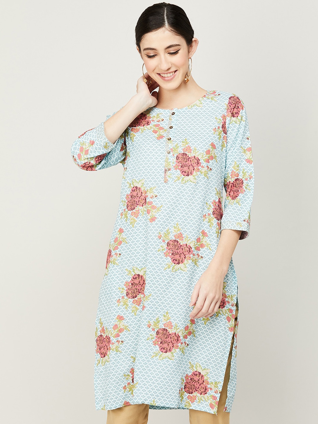 

Melange by Lifestyle Floral Printed Boat Neck Straight Kurta, Blue