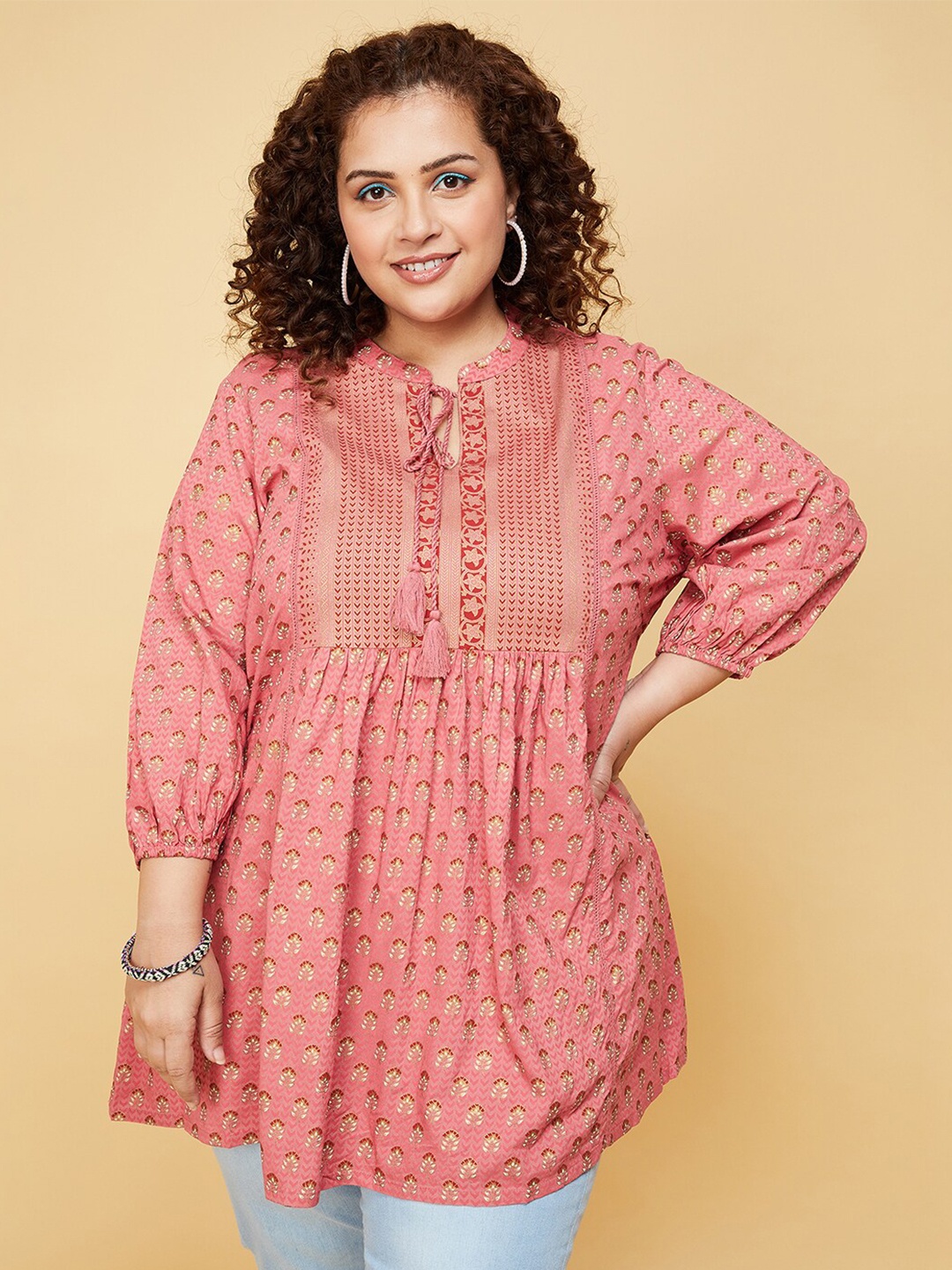 

max Viscose Rayon Mandarin Collar Printed Tunic, Pink