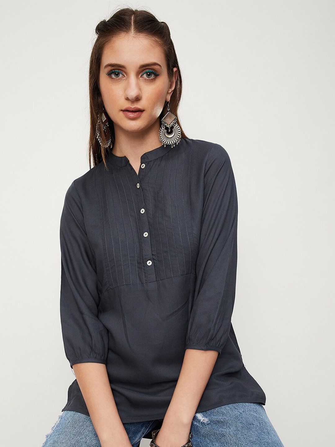 

max Grey Viscose Rayon Mandarin Collar Tunic