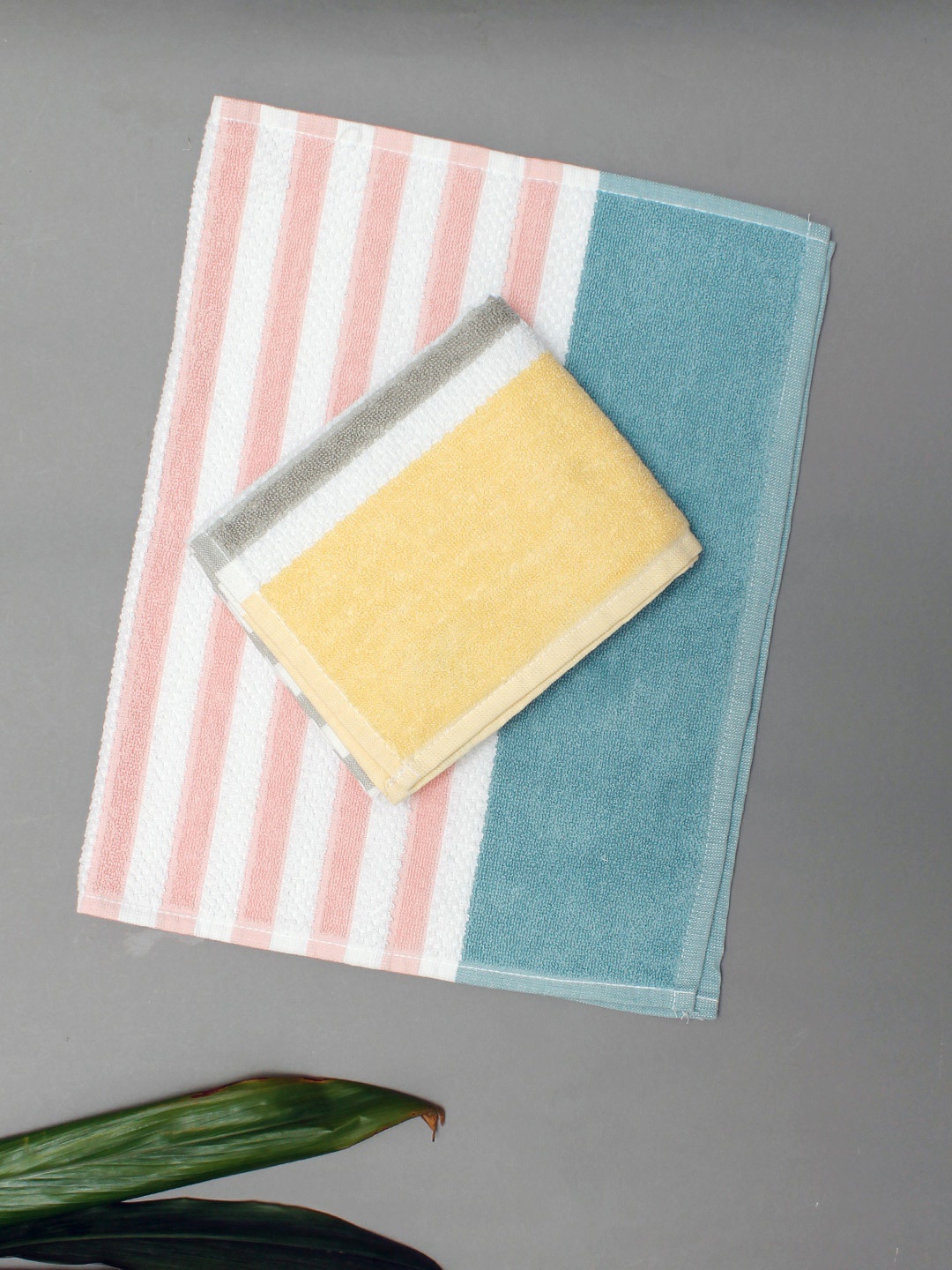 

AVI Living Yellow & Blue 2 Pc Striped 500 GSM Pure Cotton Highly Absorbent Hand Towels