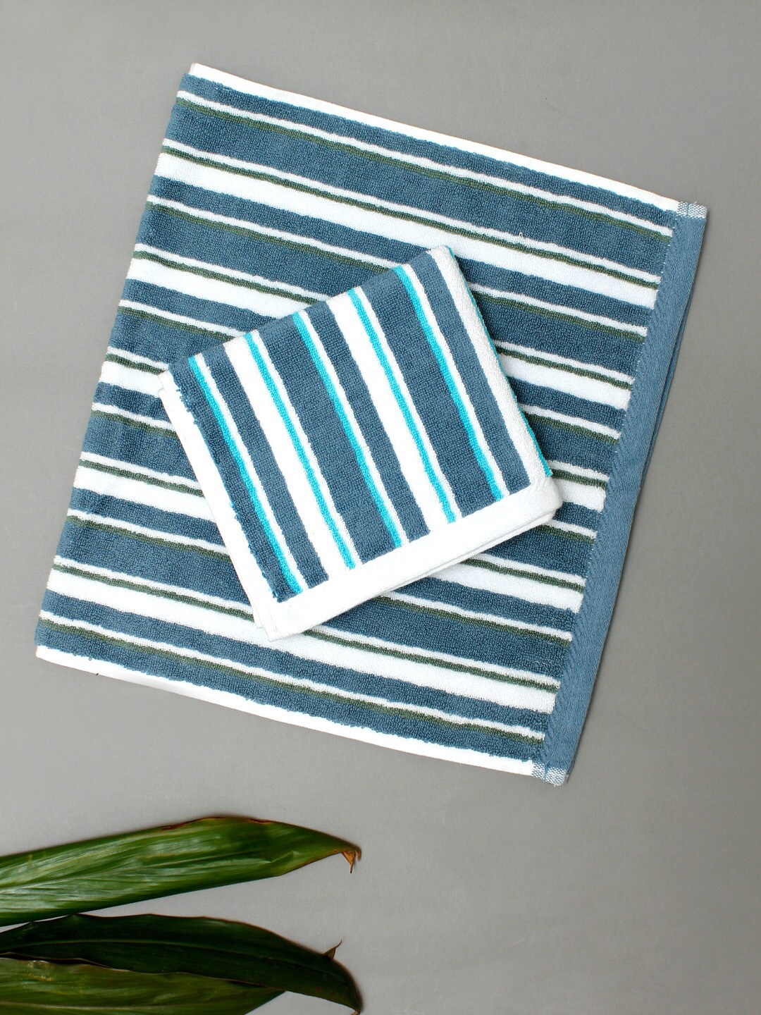 

AVI Living Green & Turquoise 2 Pc Striped 550 GSM Pure Cotton Highly Absorbent Hand Towels