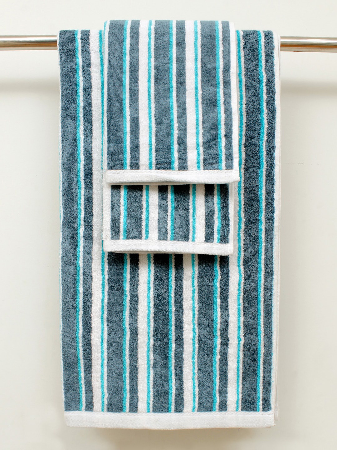 

AVI Living Turquoise Blue 3-Pcs Striped 550 GSM Pure Cotton Towel Set
