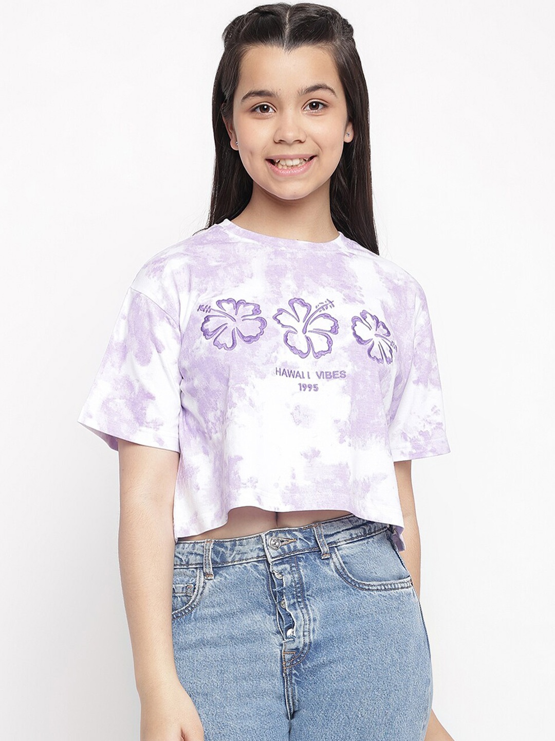 

Lil Tomatoes Tie-Dye Embroidered Boxy Crop Top, Lavender