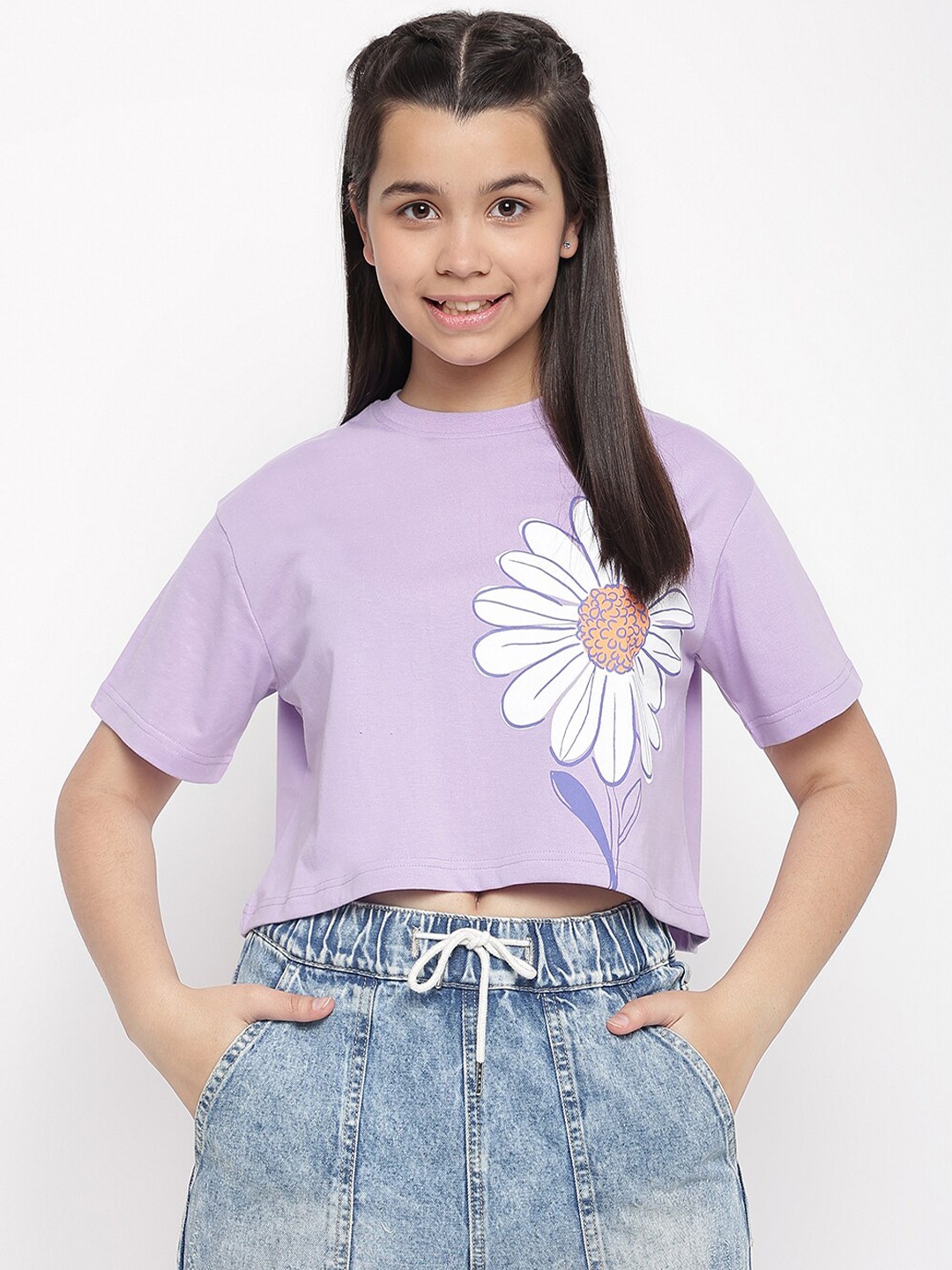 

Lil Tomatoes Girls Floral Printed Boxy Crop Top, Purple