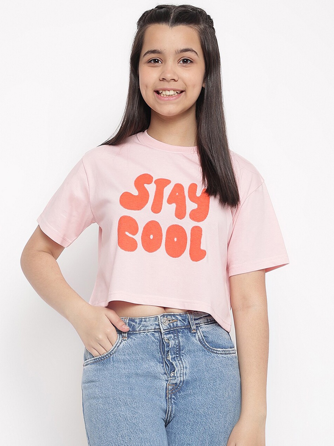 

Lil Tomatoes Girls Typography Printed Boxy Crop Top, Pink
