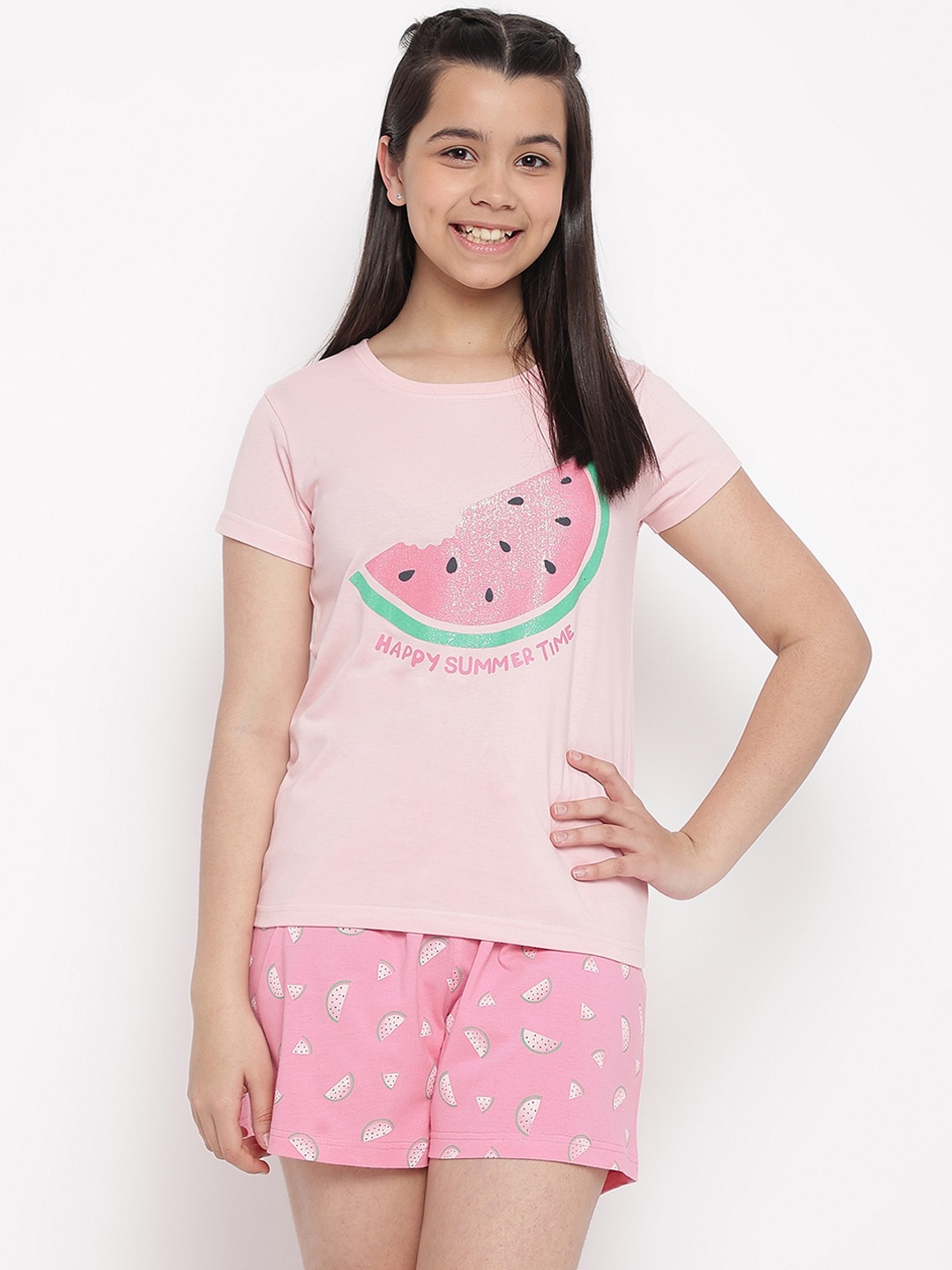 

Lil Tomatoes Girls Conversational Printed Night Suit, Pink