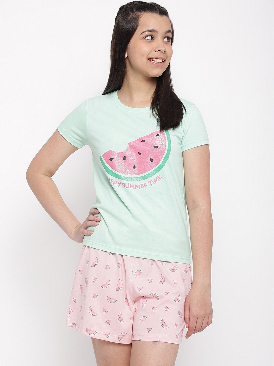 

Lil Tomatoes Girls Conversational Printed Night Suit, Green