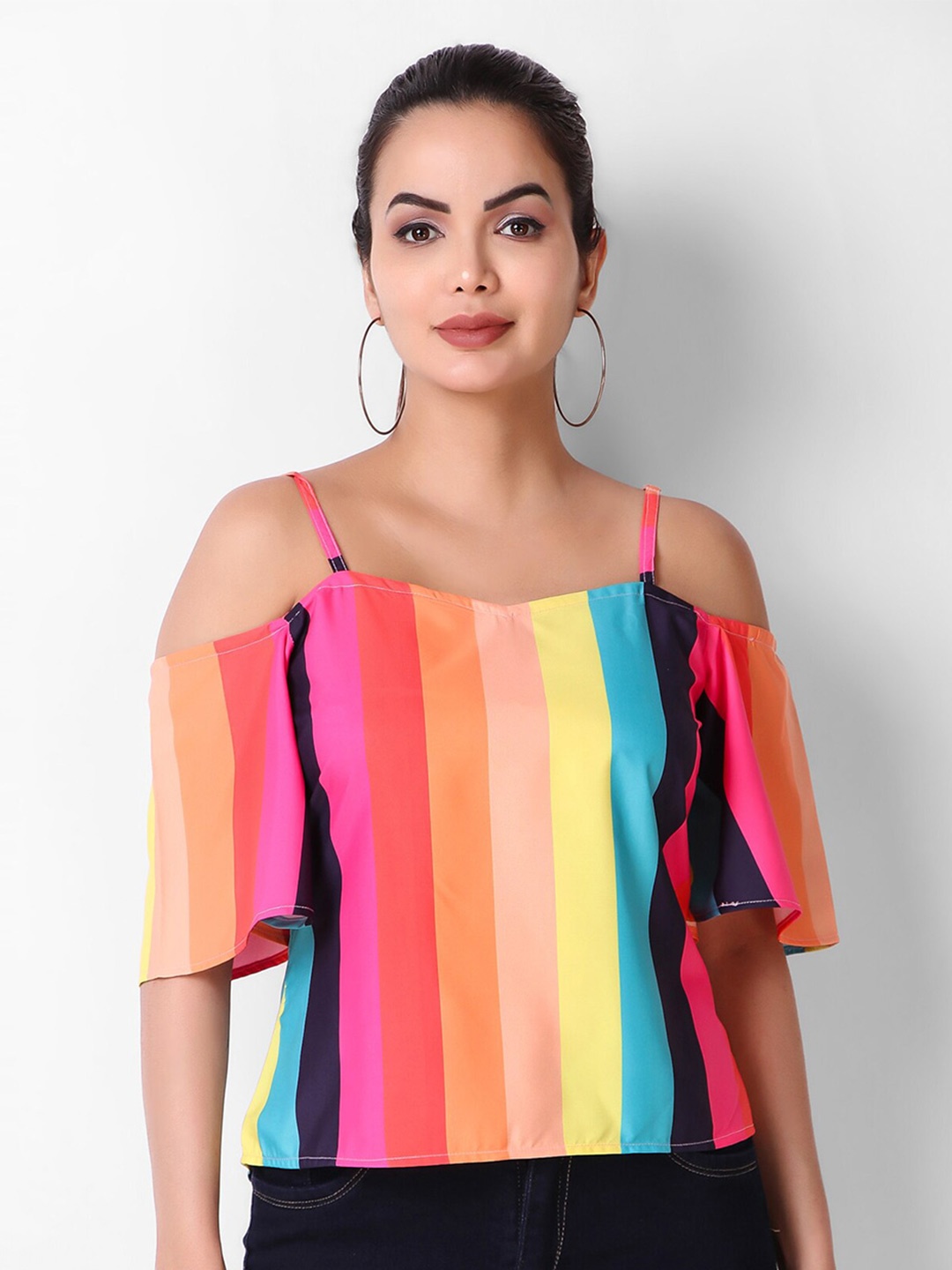 

Womenster Striped Shoulder Strap Cold Shoulder Sleeves Top, Red