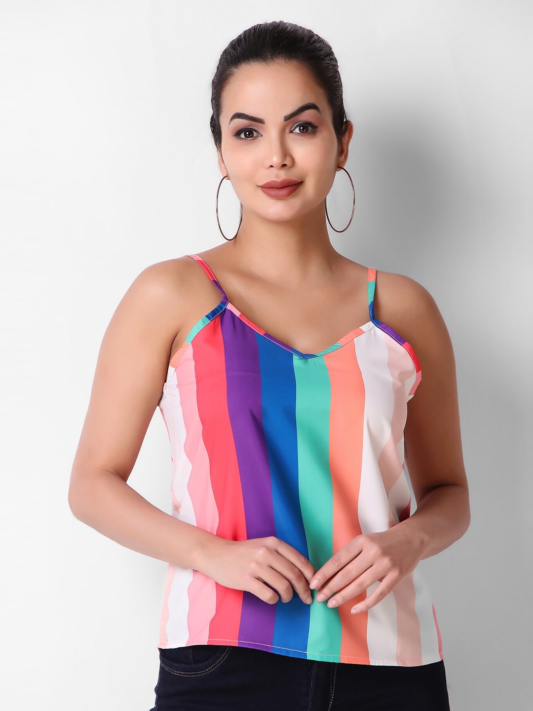 

Womenster Shoulder Straps Striped Top, Purple