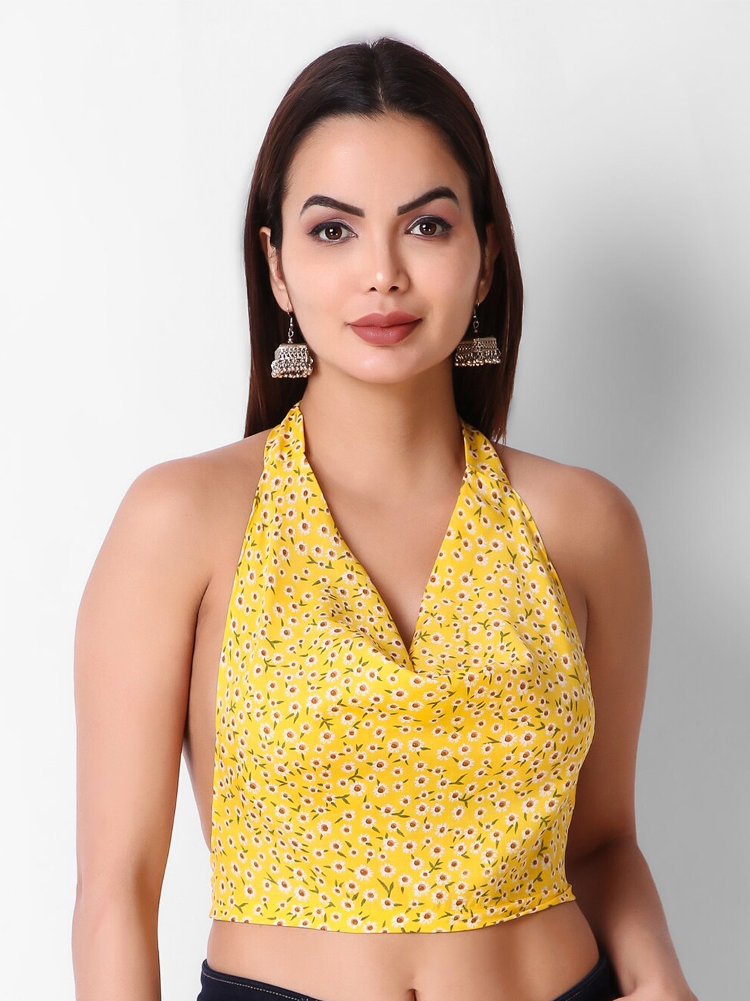 

Womenster Floral Printed Halter Neck Styled Back Crop Top, Yellow