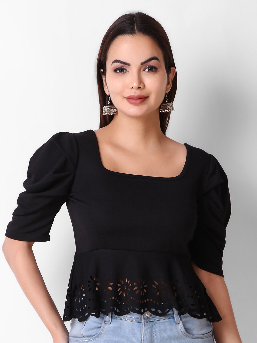

Womenster Puff Sleeves Cut-Out Detail Square Neck Peplum Top, Black