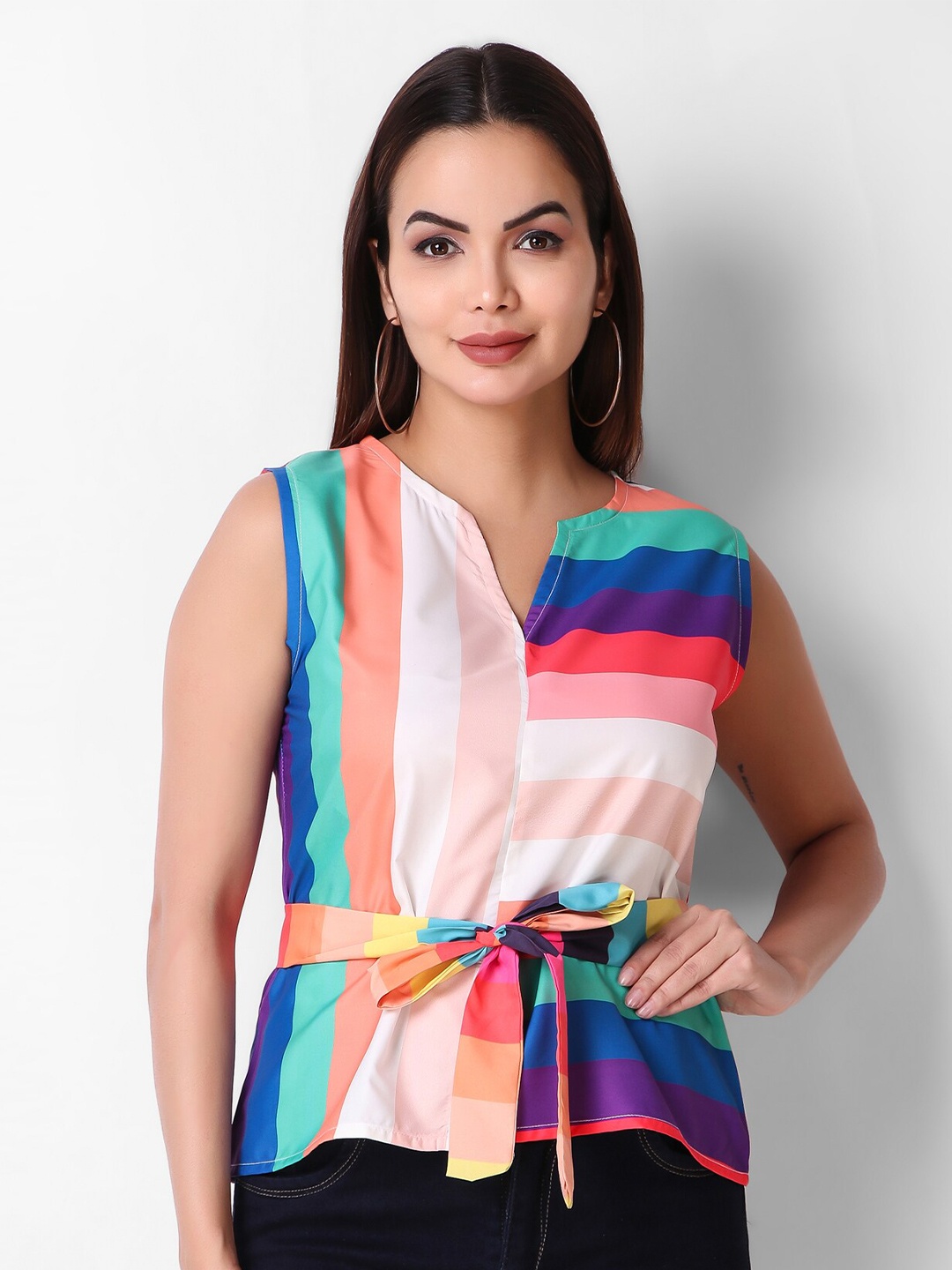 

Womenster Striped Sleeveless Cinched Waist Top, White