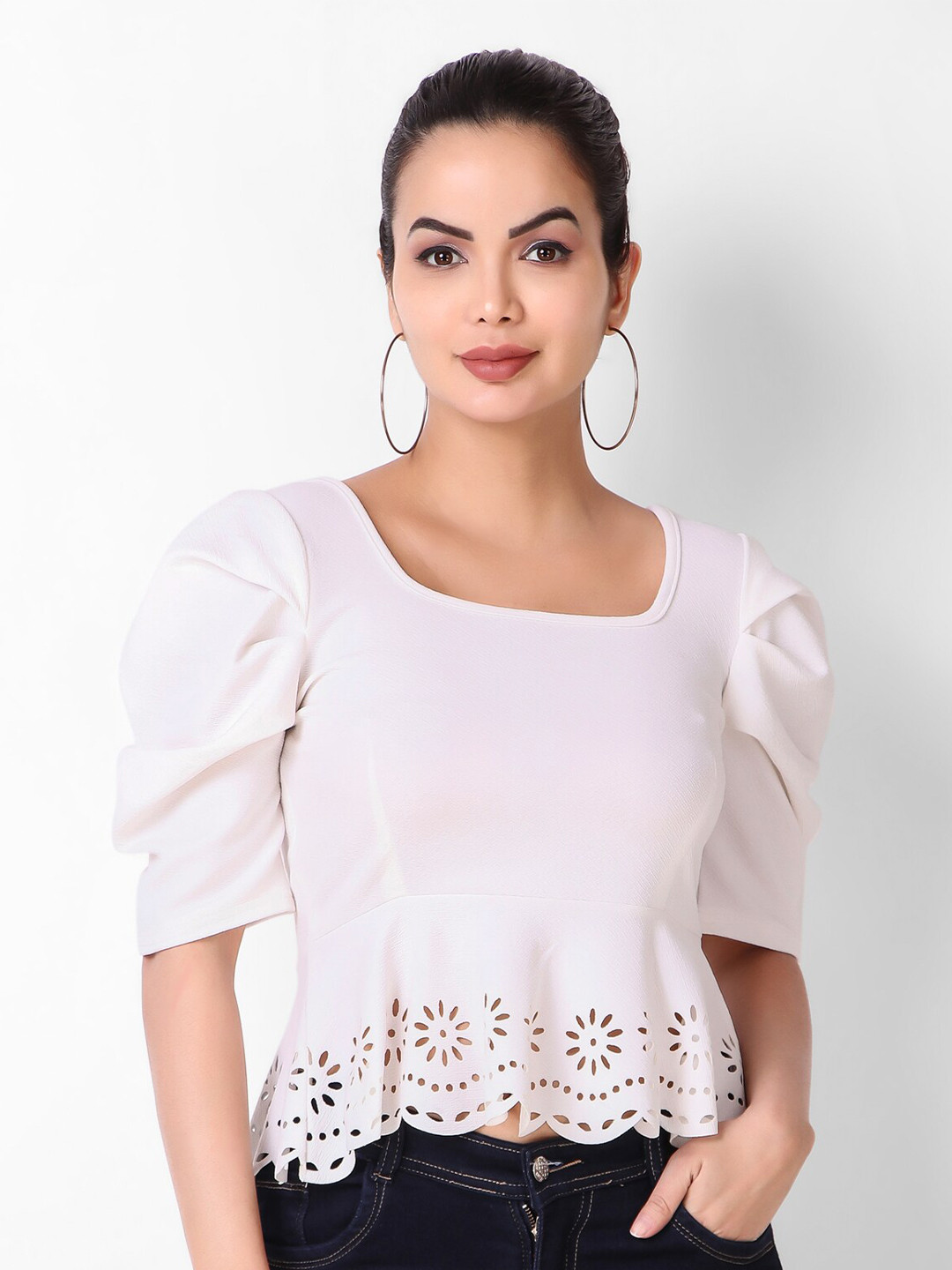

Womenster Cut-Out Puff Sleeves Peplum Top, Off white