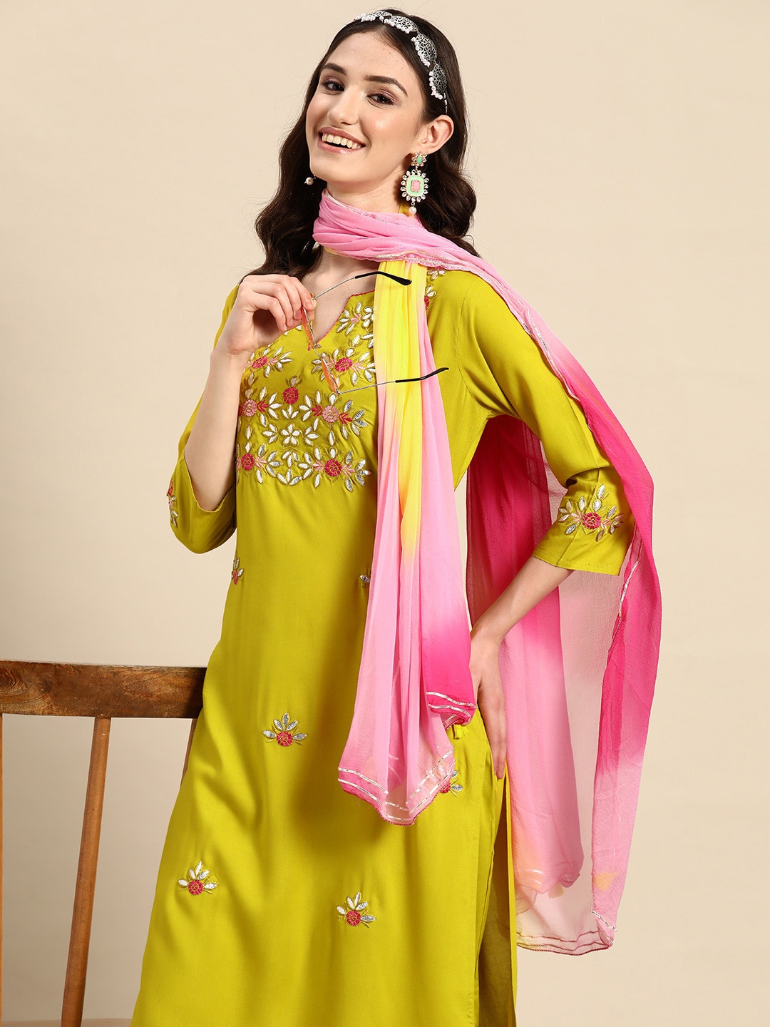 

Sangria Floral Embroidered Gotta Patti Kurta with Trousers & With Dupatta, Lime green