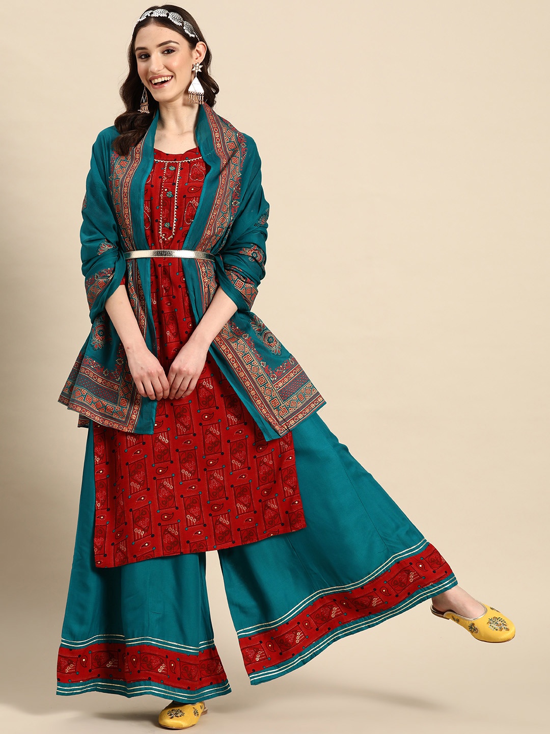 

Sangria Floral Printed Gota Patti Thread Work Kurta with Sharara & With Dupatta, Red