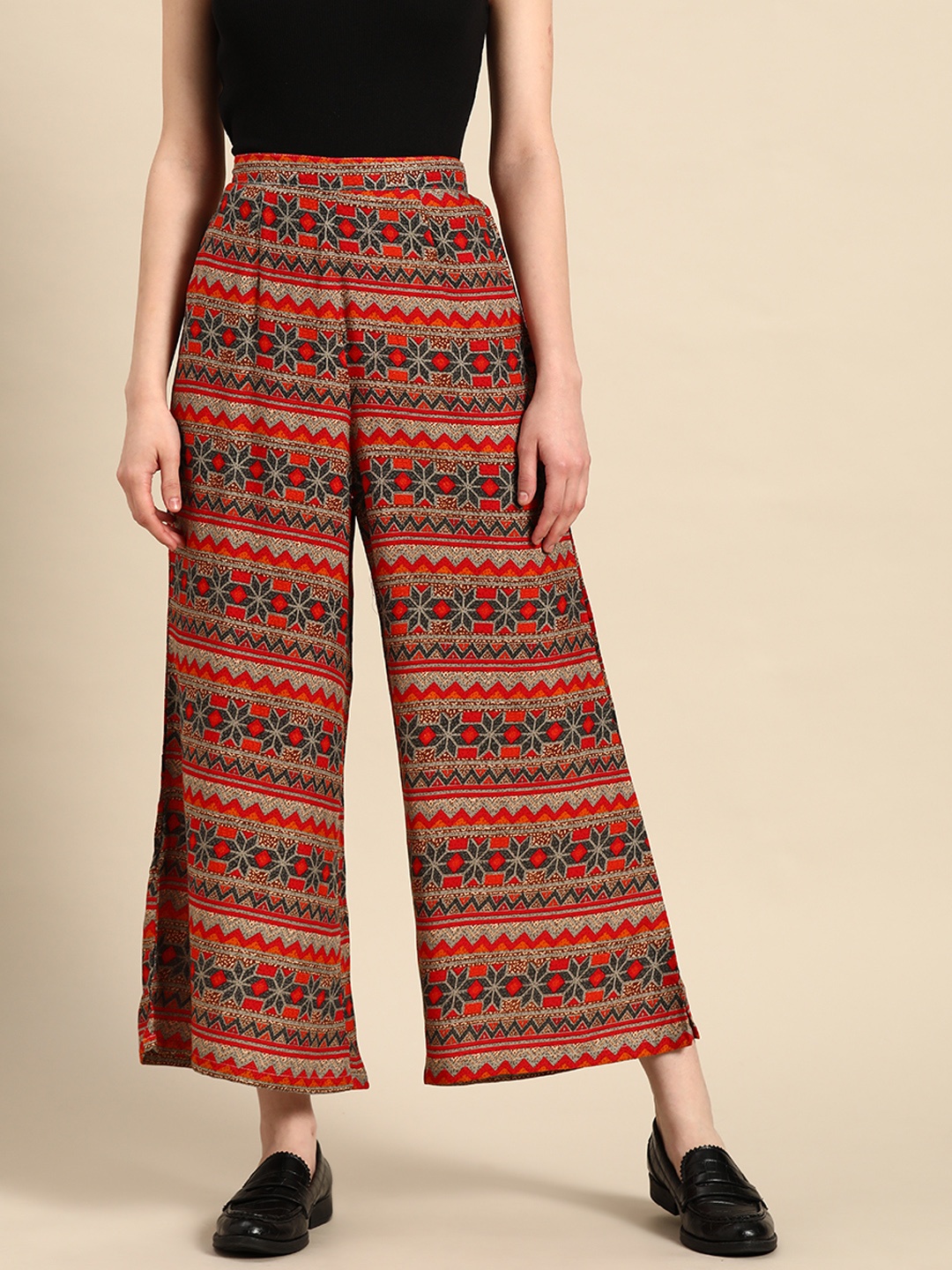

Sangria Floral Printed Ethnic Palazzos, Red