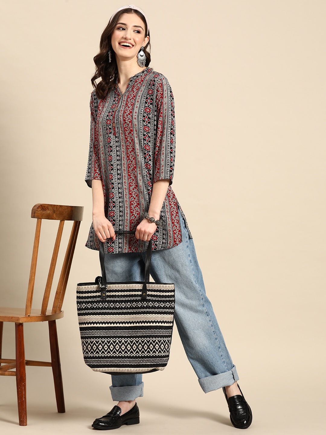 Sangria Floral Printed Short Kurti, Red