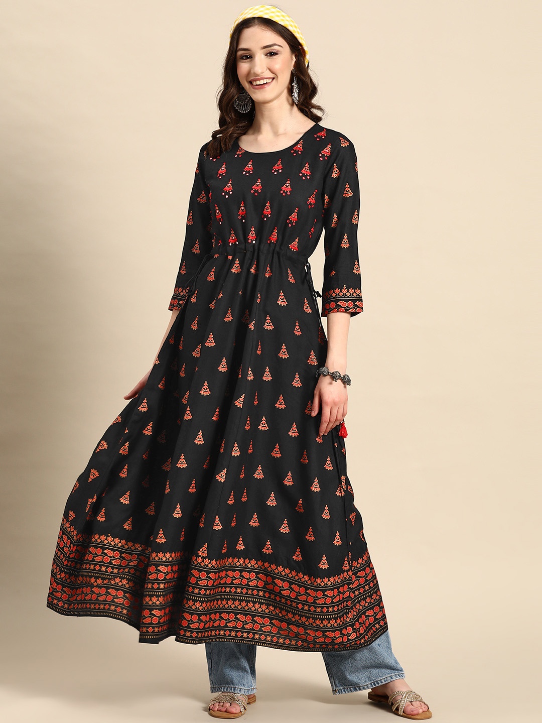

Sangria Ethnic Motifs Printed Mirror Work Anarkali Kurta, Black