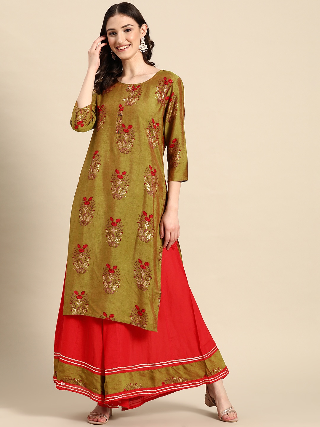 

Sangria Floral Printed Kantha Work Sequinned Kurta with Sharara, Olive