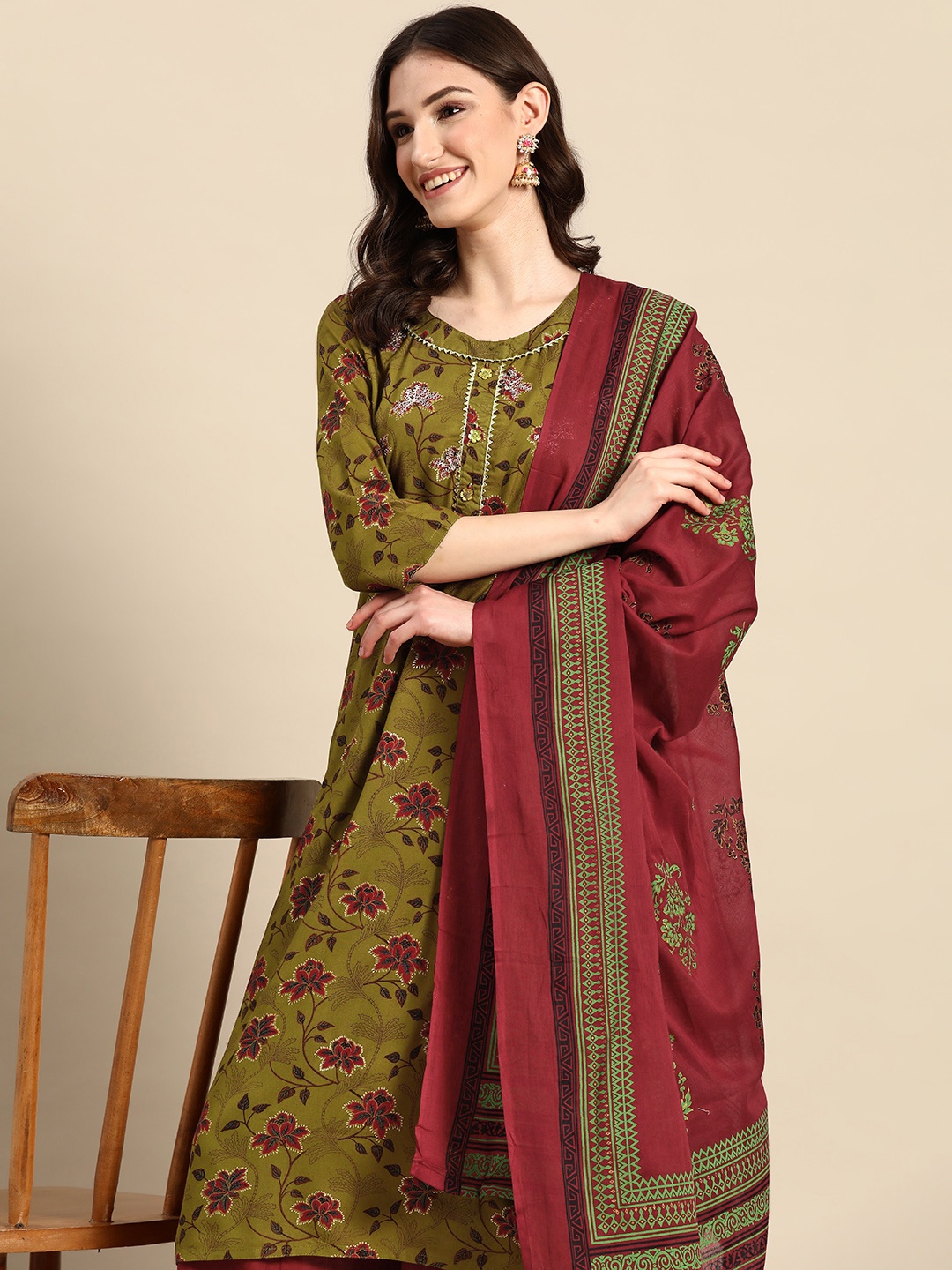 

Sangria Floral Printed Thread Work Kurta with Sharara & Dupatta, Green