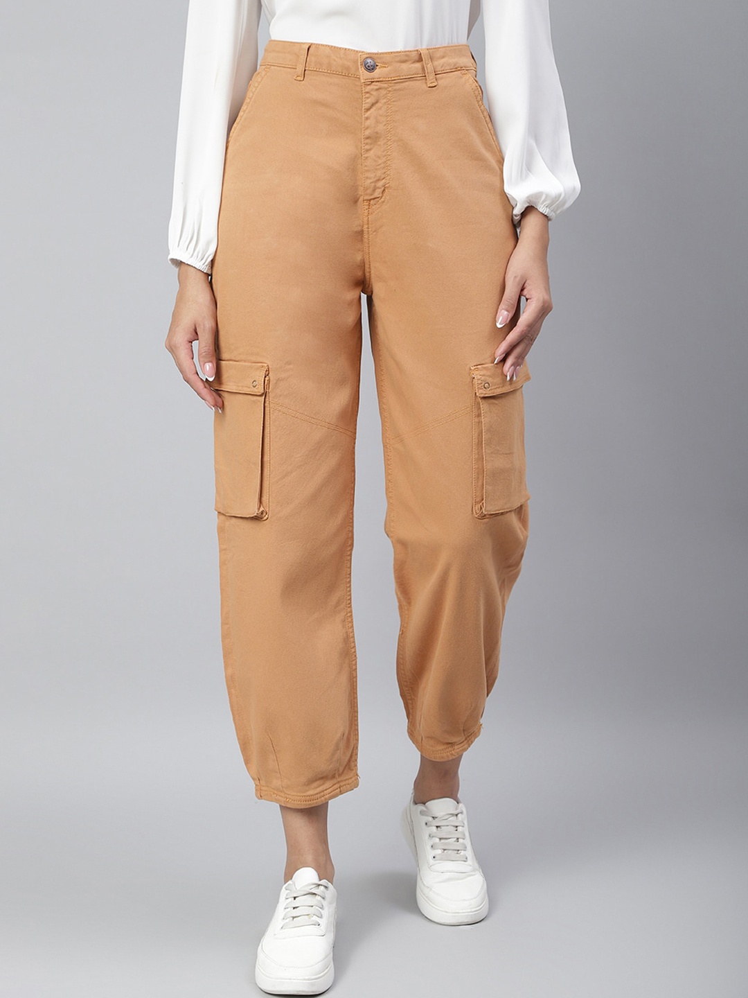 

TALES & STORIES Women Mid Rise Cotton Cargos Trousers, Rust