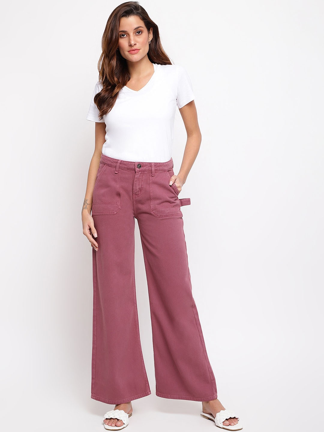 

TALES & STORIES Women Mid-Rise Wide Leg Cotton Jeans, Maroon