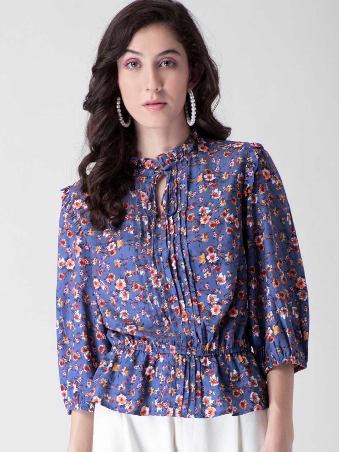 

FabAlley Floral Printed Tie-Up Neck Georgette Cinched Waist Top, Blue