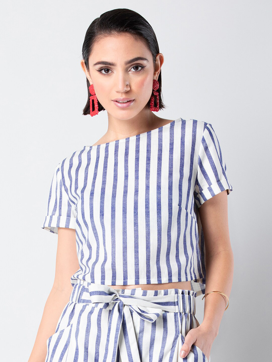 

FabAlley Boat Neck Short Sleeves Striped Cotton Crop Top, Blue