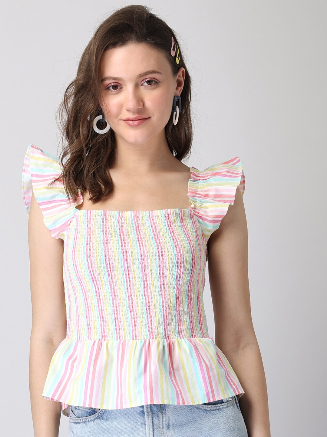 

FabAlley Striped Square Neck Smocked Peplum Top, White