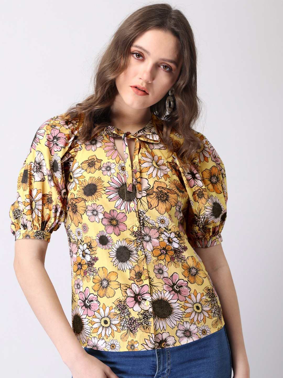 

FabAlley Tie -Up Neck Puff Sleeve Floral Printed Shirt Style Pure Cotton Top, Yellow
