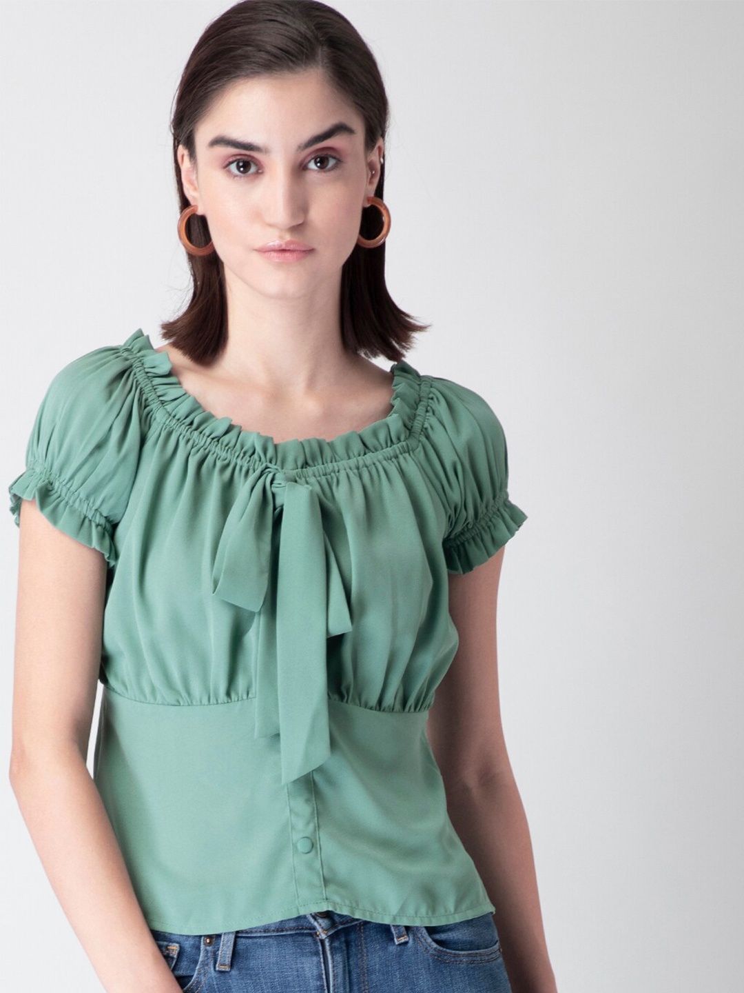 

FabAlley Gathered Tie-Up Ruffled Empire Top, Green