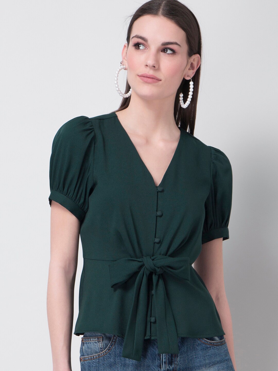 

FabAlley Puff Sleeves V-Neck Waist Tie-Up Top, Green