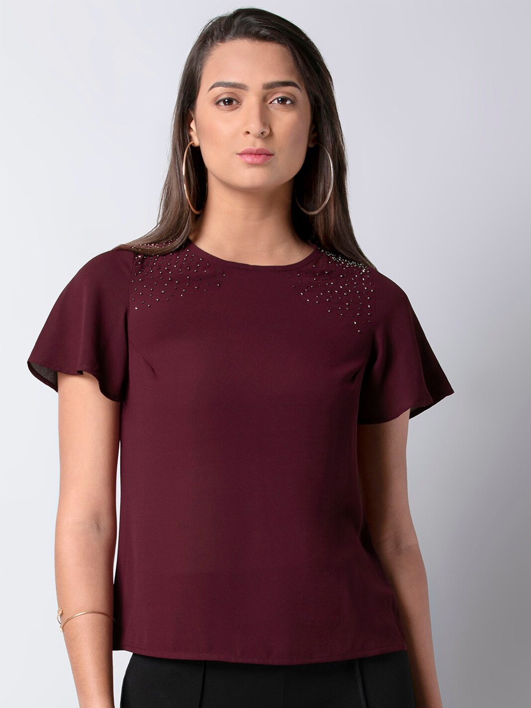 

FabAlley Embellished Flutter Sleeves Regular Top, Maroon