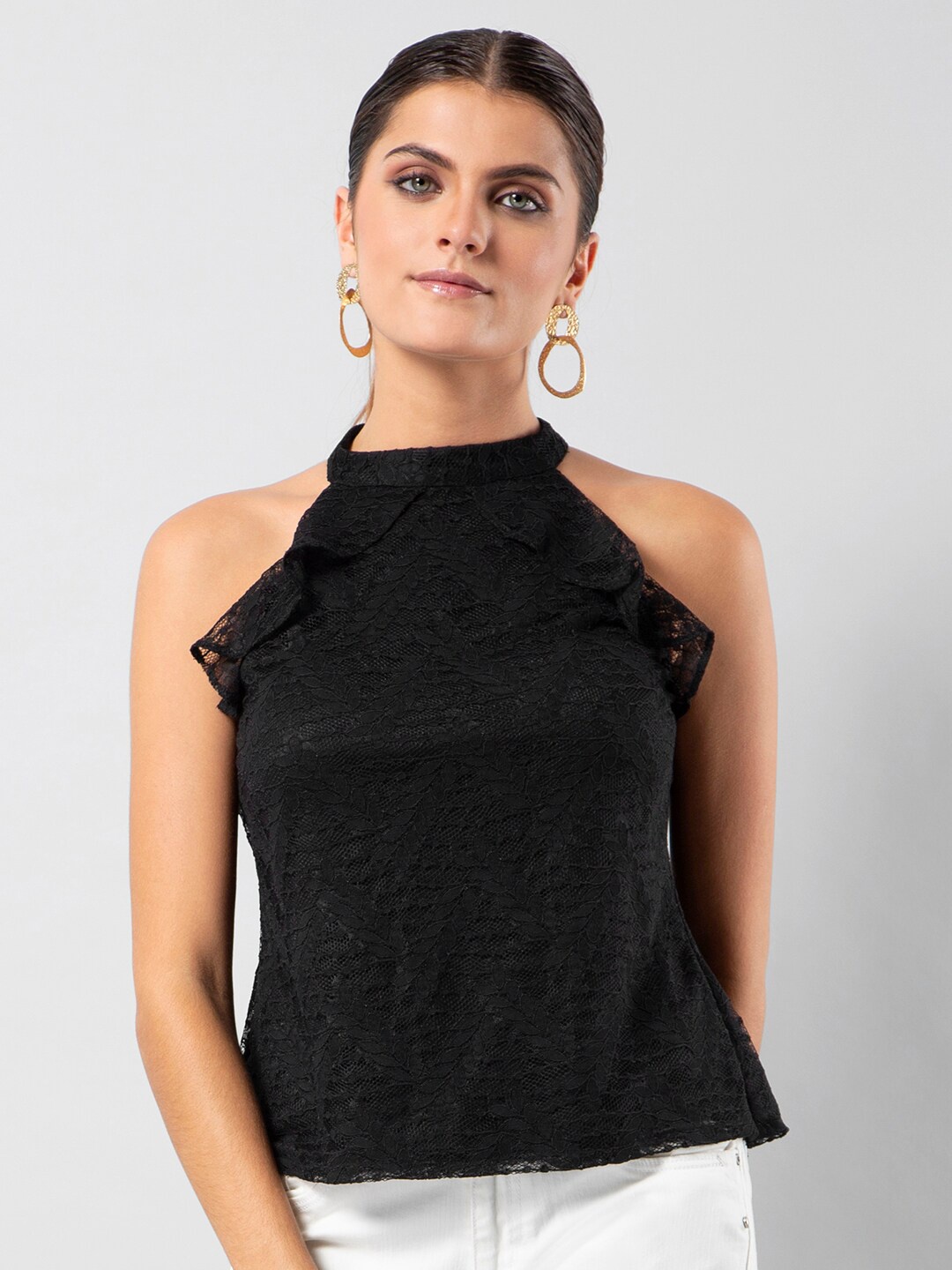 

FabAlley Halter Neck Ruffled Lace Top, Black