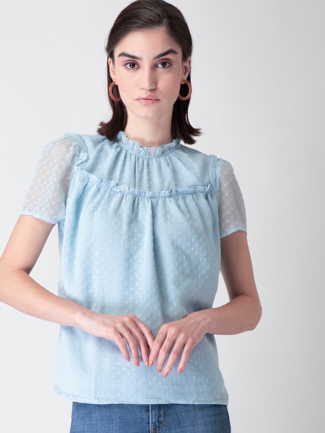 

FabAlley Self Design Ruffles Puff Sleeves Gathered Georgette Top, Blue