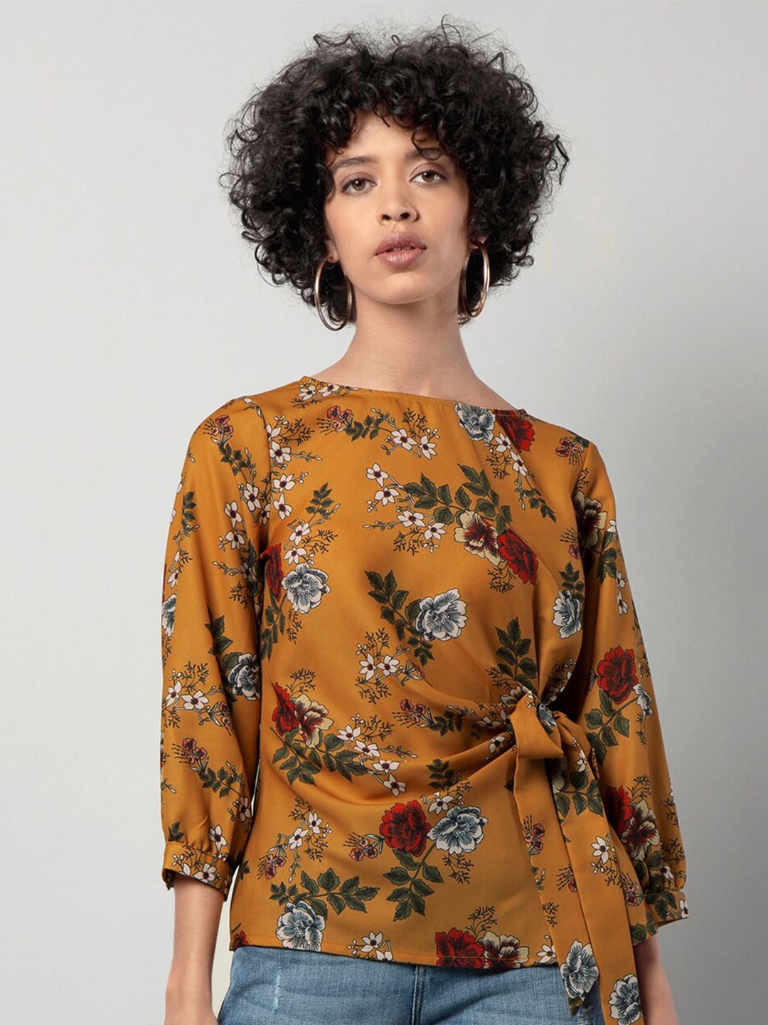 

FabAlley Floral Printed Tie-Up Detail Puff Sleeves Boat Neck Georgette Top, Mustard