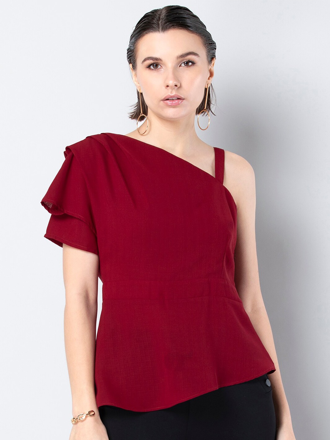 

FabAlley One Shoulder Flared Sleeves A-Line Top, Maroon