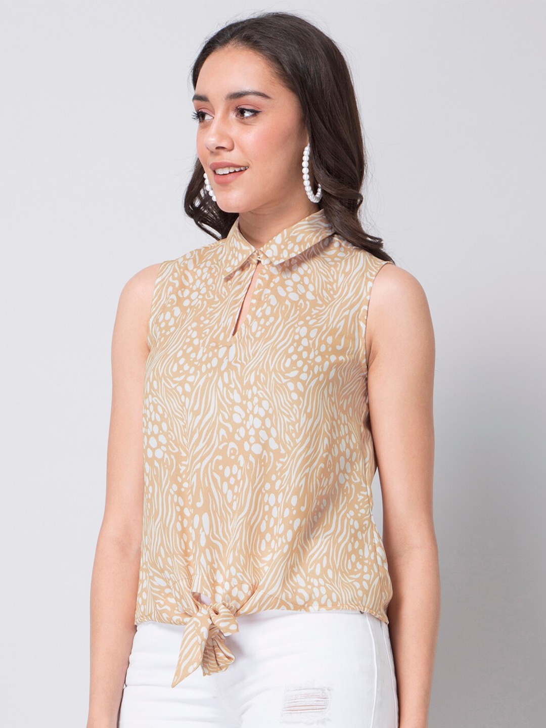 

FabAlley Abstract Printed Sleeveless Shirt Style Tie Up Top, Beige